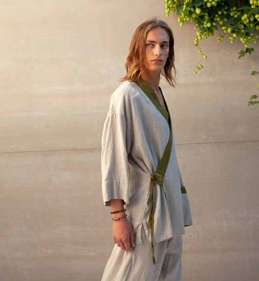 Men’s Linen Kimono Shirt TIGERLILY, European Flax V-Neck Top
