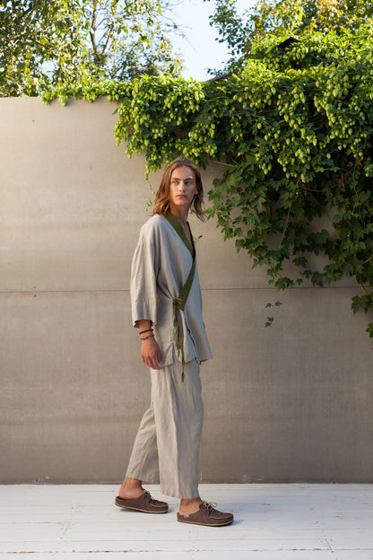 Men’s Linen Kimono Shirt TIGERLILY, European Flax V-Neck Top
