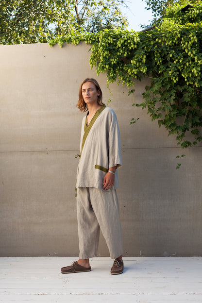 Men’s Linen Kimono Shirt TIGERLILY, European Flax V-Neck Top