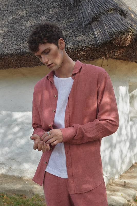 Men’s Linen Shirt DINIZIA, European Flax Button-Up, Minimalist Spread Collar Shirt